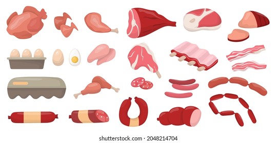 Red meat and eggs set. Collection of beef and pork steak, ham, fillet. Chicken eggs. Fresh ingredient for cooking. Flat vector illustration in cartoon style