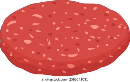 Red meat patty for hamburger showcasing visible spices and fat, resting on a clean white background, ready for cooking and transforming into a delicious meal