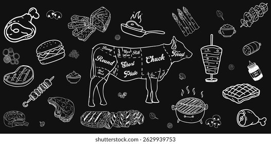 Red meat pieces drawn by hand with traditional methods. Provides an aesthetic appearance for graphic design projects, can be used in menus and packages.