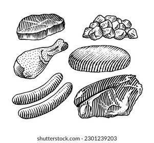 Red meat products. Veal beef, ribs, Bacon, jamon, mortadella, lamb beef Steak, pork sausage, chicken legs, sirloin, brisket Butchery food Hand drawn Vintage sketch. Products for label, restaurant menu