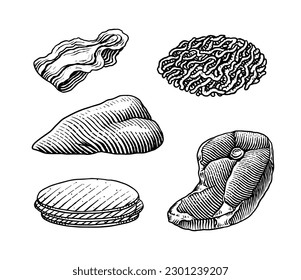 Red meat products. Veal beef, ribs, Bacon, jamon, mortadella, lamb beef Steak, pork sausage, sirloin, brisket Butchery food Hand drawn Vintage sketch. Products for label, restaurant menu