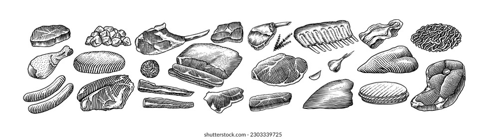 Red meat products. Veal beef, ribs, Bacon, jamon, mortadella, lamb beef Steak, pork sausage, chicken legs, sirloin, brisket Butchery food Hand drawn Vintage sketch. Products for label, restaurant menu