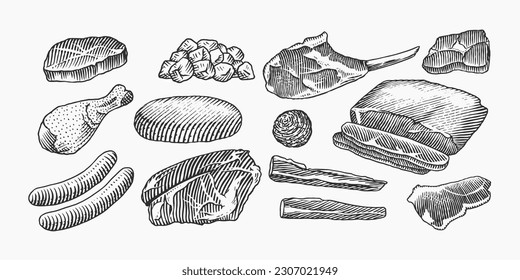 Rote Fleischerzeugnisse. Rindfleisch, Rippen, Bacon, Marmelade, Mortadella, Lamm-Rind Steak, Schweinswurswurst, Hühnerbeine, Siruine, Brust-Metzgerei Futter handgezeichnet Vintage Skizze. Produkte für Etiketten, Speisekarte