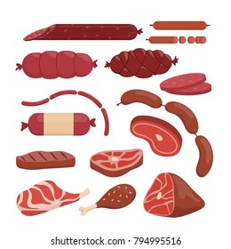 Red meat set. Steak and sausages on white.