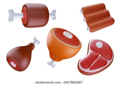 Red meat of various types for barbecues, picnics or restaurants in 3d cartoon style. Cute realistic render elements. Soft plastic or clay child toy. Vector illustration.