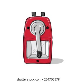 Red mechanical sharpener of pencil hand drawn sketch isolated on white background