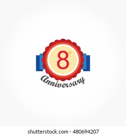 red medal with number on it and blue ribbon behind for anniversary logo vector
