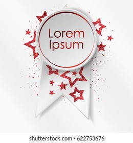 Red medal, reward with stars from red sparkles, glitter and white paper ribbon with space for text and shadow. Vector illustration.