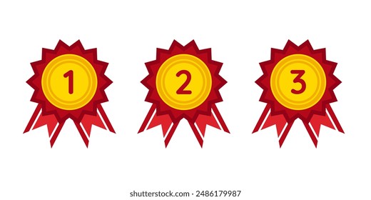 Medallas rojas, premios, cintas para el primer, segundo, tercer lugar con bordes afilados. Aislado sobre fondo transparente