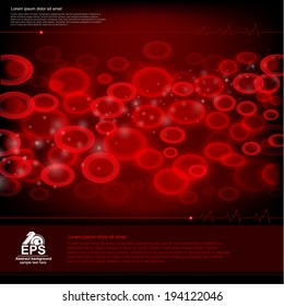 Red Medecine Background With Healthy Blood With Set Of Erythrocyte Red Cell Closeup Into Blood And Some Places For Your Text