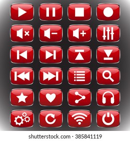 red Media player buttons set,  Rounded square web button