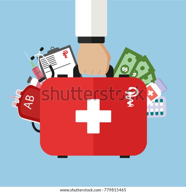 red
medical bag. First aid kit in the doctor's
hand