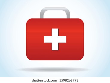 Red medical box icon vector illustration. First aid or medical kit icon. First aid kit on blue background. Isometric vector illustration