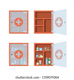 Red Medical Cabinet With Open And Closed Glass Transparent Door. Medicine Chest Full Of Drugs, Tablets And Bottles. Isolated Vector Illustration In Flat Style On White Background