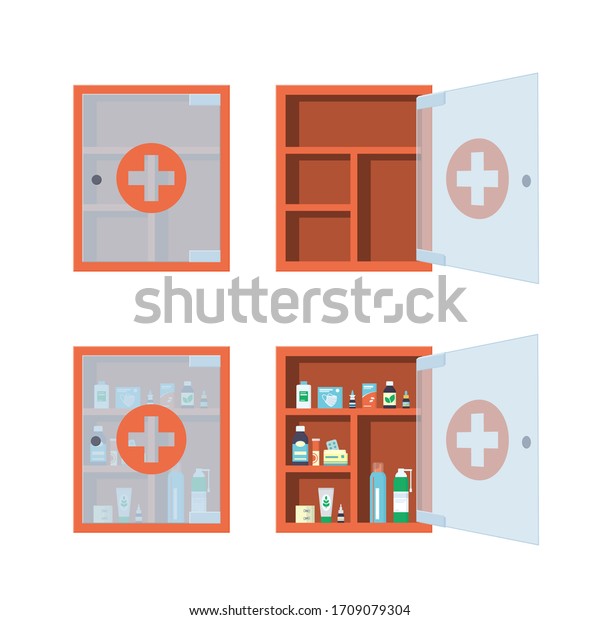 Red\
medical cabinet with open and closed glass transparent door.\
Medicine chest full of drugs, tablets and bottles. Isolated vector\
illustration in flat style on white\
background