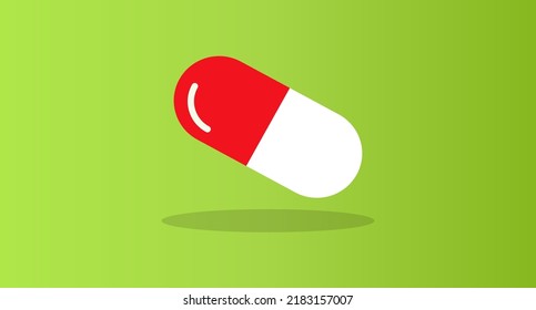 Red medical capsule with green gradient background. Vector.