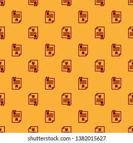 Red Medical certificate for travel with dog or cat icon isolated seamless pattern on brown background. Document for pet. Dog or cat paw print. Vector Illustration