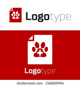 Red Medical certificate for travel with dog or cat icon isolated on white background. Document for pet. Dog or cat paw print. Logo design template element. Vector Illustration