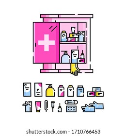 Red medical chest filled with medications necessary for prevention during epidemics, flu, and colds. Illustration in a linear style.