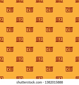 Red Medical clinical record cat on laptop icon isolated seamless pattern on brown background. Health insurance form. Prescription, medical check marks report. Vector Illustration
