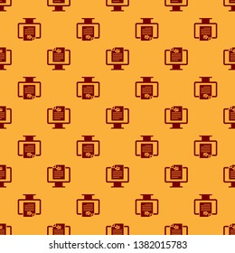 Red Medical clinical record pet on monitor icon isolated seamless pattern on brown background. Health insurance form. Prescription, medical check marks report. Vector Illustration