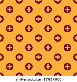 Red Medical cross in circle icon isolated seamless pattern on brown background. First aid medical symbol. Flat design. Vector Illustration