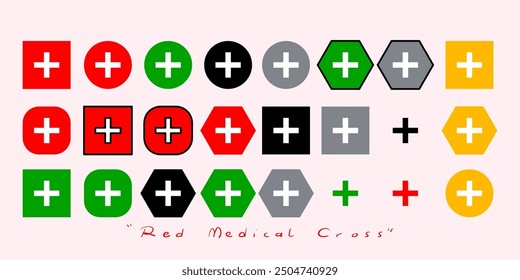 Red medical cross in circle and square icon sign and symbol. First aid, emergency, pharmacy health care button.