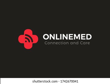 Red medical cross logo. Online medicine emblem. Distant healthcare system app icon. Plus symbol. Internet, wifi connection sign. Web doctor consultation service. Clinic, hospital vector illustration. 
