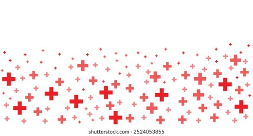 Red medical cross and plus pattern. Hospital and pharmacy abstract seamless background. Vector illustration