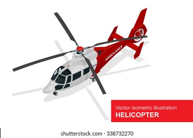 Red Medical Evacuation Helicopter. Vector Isometric Illustration