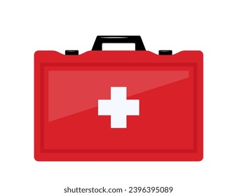 Red medical first aid kit, ambulance emergency box. Vector illustration