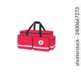 Red medical paramedic medic large bag pouches pocket zip straps first aid emergency responder life saving professional equipment supplies kit gear isolated vector illustration green cross rescue tools