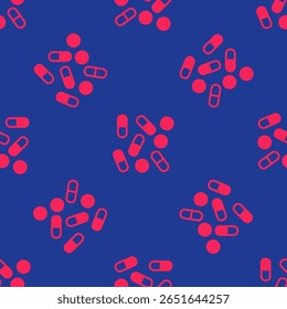 Red Medical pill bottle biohacking icon isolated seamless pattern on blue background. Pharmacy biohacking.  Vector