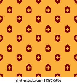 Red Medical shield with cross icon isolated seamless pattern on brown background. Health protection concept. Safety badge icon. Privacy banner. Security label. Flat design. Vector Illustration