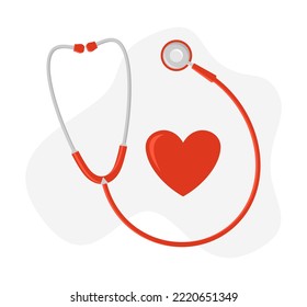 Red medical stethoscope and heart icon. Flat vector illustration