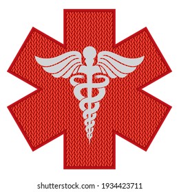 Red Medical Symbol Icon Vector Illustration. Caduceus Medical Health Care Symbol With Knitted Pattern
