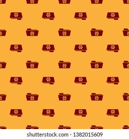 Red Medical veterinary record folder icon isolated seamless pattern on brown background. Dog or cat paw print. Document for pet. Patient file icon. Vector Illustration