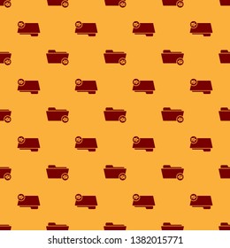 Red Medical veterinary record folder icon isolated seamless pattern on brown background. Dog or cat paw print. Document for pet. Patient file icon. Vector Illustration
