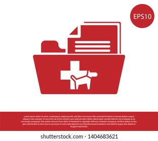 Red Medical veterinary record folder icon isolated on white background. Dog or cat paw print. Document for pet. Patient file icon. Vector Illustration