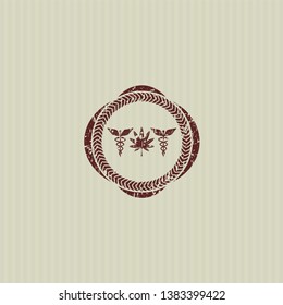 Red medicinal weed icon inside distressed rubber stamp with grunge texture