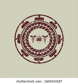 Red medicinal weed icon inside distressed rubber stamp with grunge texture