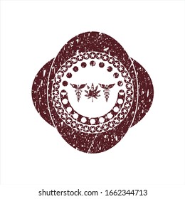 Icono de hierba medicinal roja dentro del sello de goma con textura gruesa