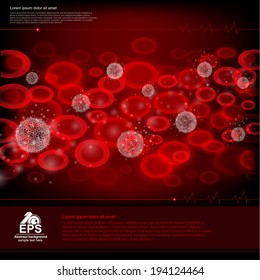 Red Medicine Background With Patient Canser Blood With Set Of Erythrocyte Red Cell And Leukocytes And Closeup Into Blood And Some Places For Your Text