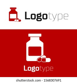 Red Medicine bottle and pills icon isolated on white background. Bottle pill sign. Pharmacy design. Logo design template element. Vector Illustration
