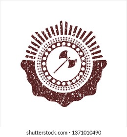 Red medieval axe icon inside distress rubber grunge texture stamp