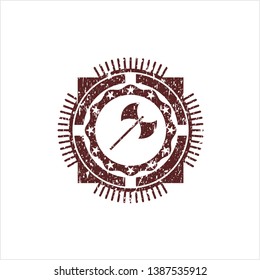 Red medieval axe icon inside rubber stamp