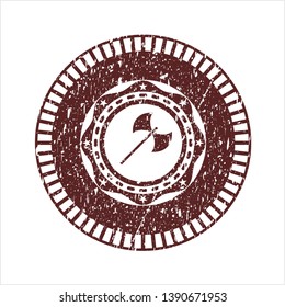 Red medieval axe icon inside distressed grunge style stamp