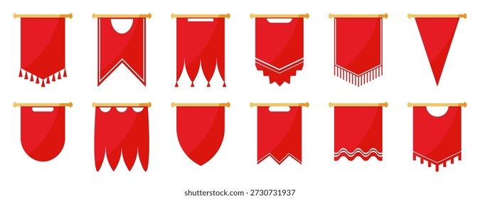 Colección de Anuncios colgantes medievales rojos. Banderas decorativas de tela con flecos de borlas y varias Formas inferiores
