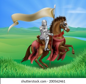 A red medieval knight in armor riding on horseback on a brown horse holding a flag or banner in green field of grass with lion insignia