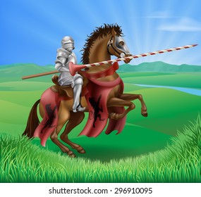 A red medieval knight in armor riding on horseback on a brown horse holding a jousting lance in green field of grass